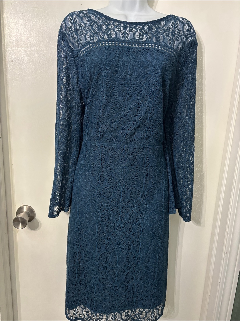 LOFT Teal Lace Long-Sleeve Sheath Dress